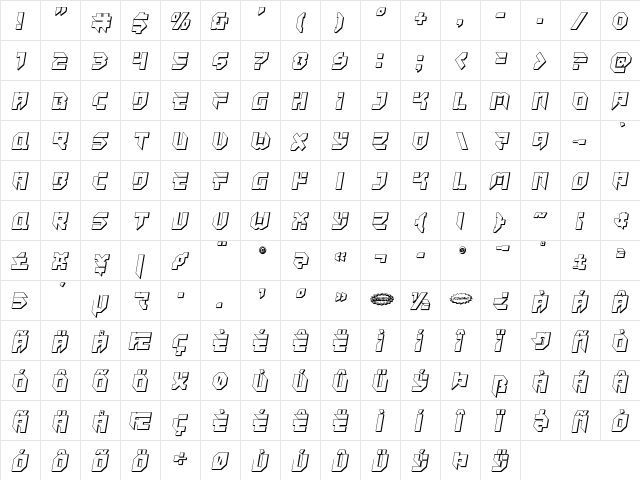 Tokyo Drifter 3D Regular  glyph index