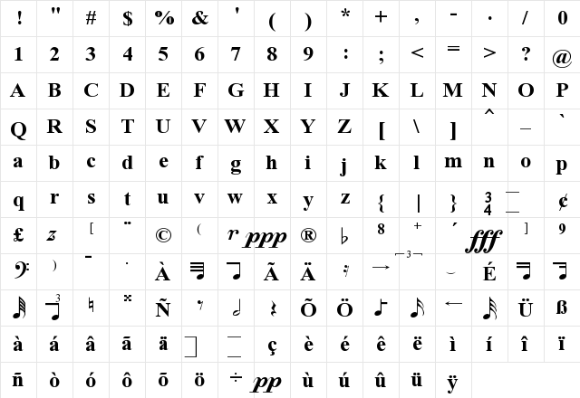 MaestroTimes Regular  glyph index