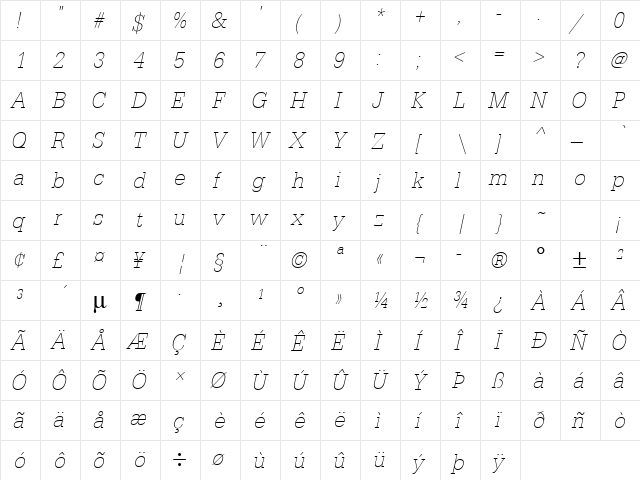 URWTypewriterTExtLigExtNar Oblique  glyph index