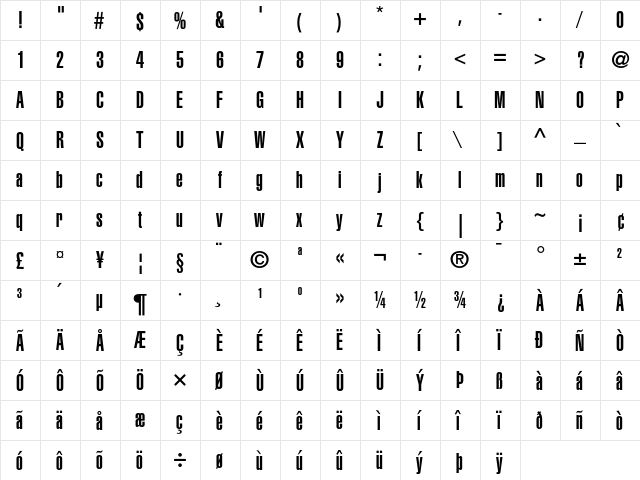Helvetica Ultra Compressed  glyph index