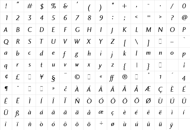 CharlotteSans BookItalic  glyph index
