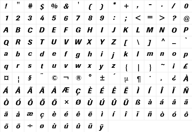 Berthold Imago BQ Regular  glyph index