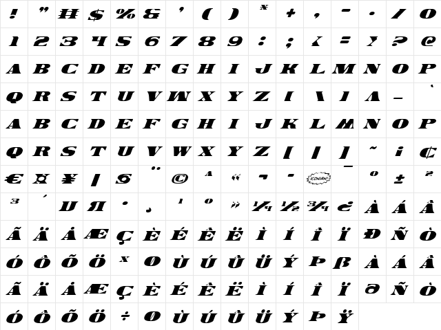 Legal Tender Italic Italic  glyph index