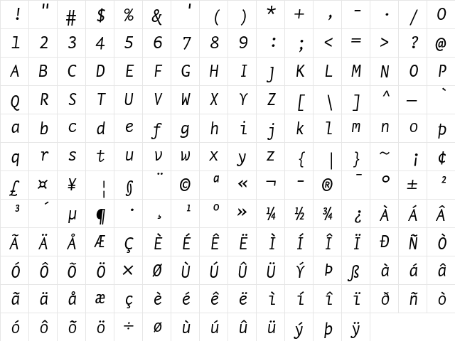 NexusTypewriterTF-Italic Regular  glyph index