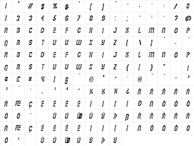 Motgan Stamp Oblique  glyph index