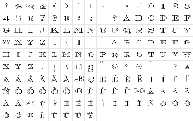 Chevalier Caps BQ Regular  glyph index