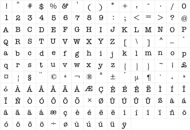 American Typewriter BQ Regular  glyph index
