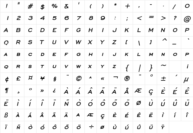 Chisel Bold Italic  glyph index