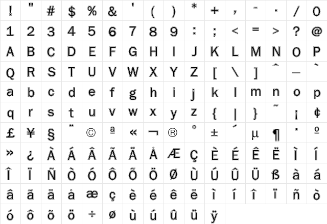 Franklin Contour  glyph index