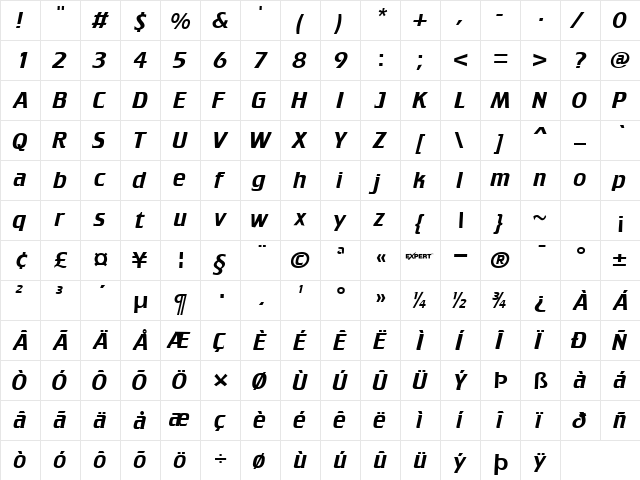 Trakker Regular  glyph index
