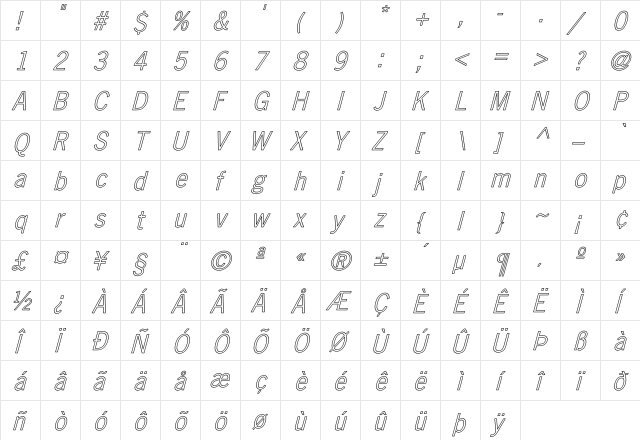NewsGothic Hollow Italic Italic  glyph index