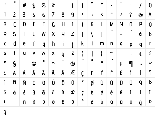 advent pro Bd2 Bold 2  glyph index