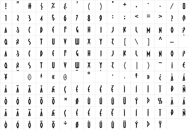 Propaniac Regular  glyph index