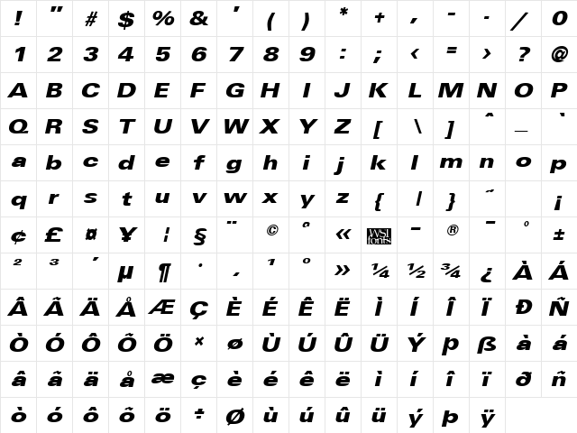 UniversalBlack Italic  glyph index