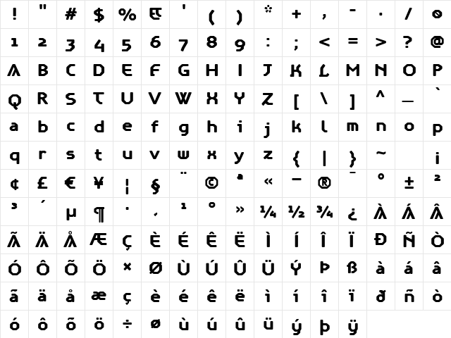 AlertBold Regular  glyph index