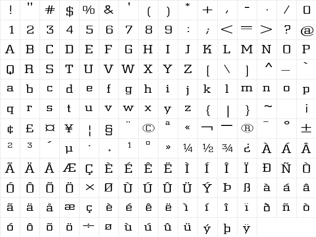 CenterCityExtended Regular  glyph index
