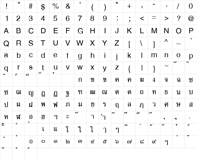 ThaiBangkokSSK Regular  glyph index
