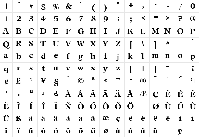 Leamington Bold  glyph index