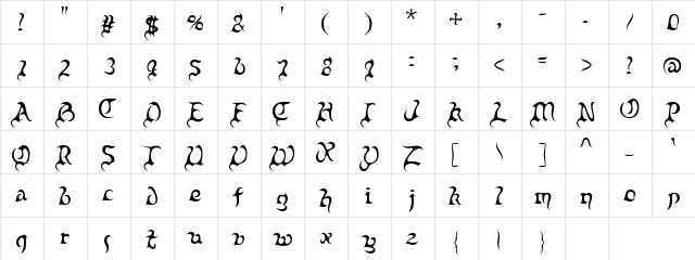 Punition Regular  glyph index