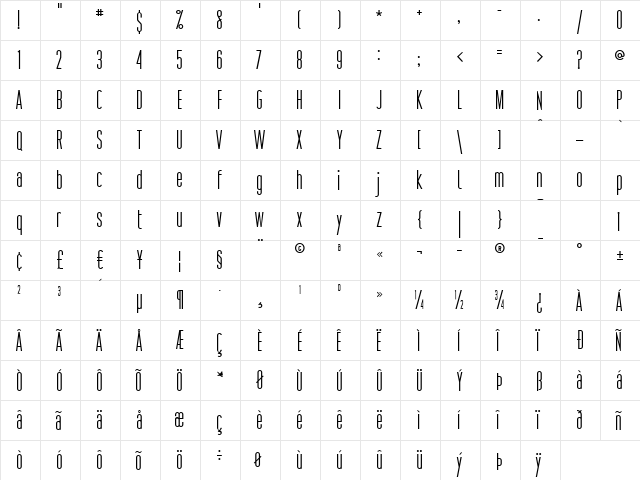 Pacific Standard Light  glyph index