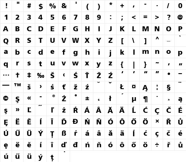 Frutiger CE 55 Roman Bold  glyph index