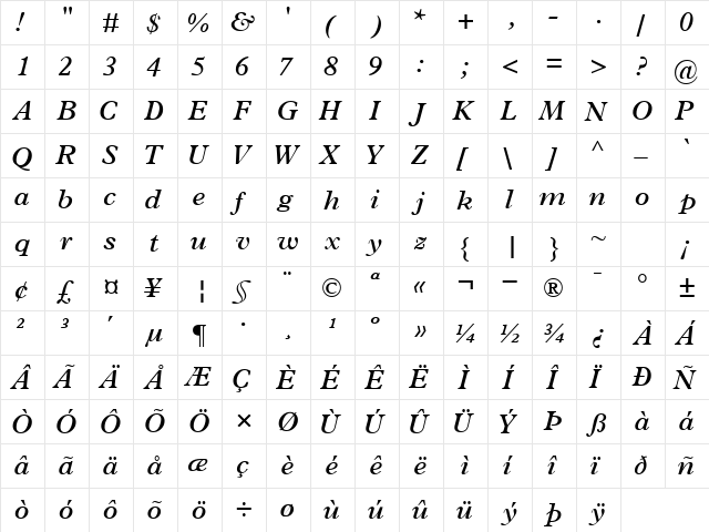 TerminusSSK Bold Italic  glyph index