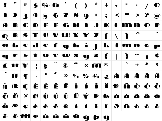 Freddo ITC Black  glyph index