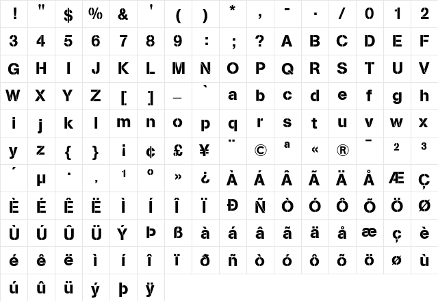 AG Book Stencil  glyph index