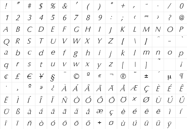 ColumbiaSerial-Xlight Italic  glyph index