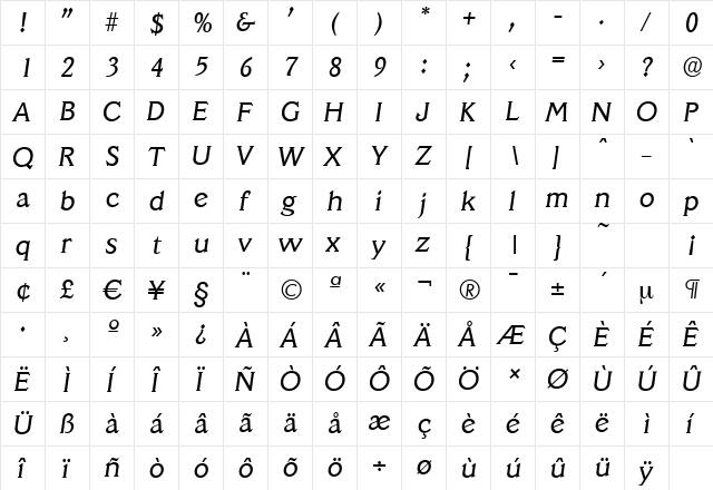 VeracruzSerial Italic  glyph index