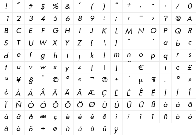 Limerick-RegularIta Regular  glyph index