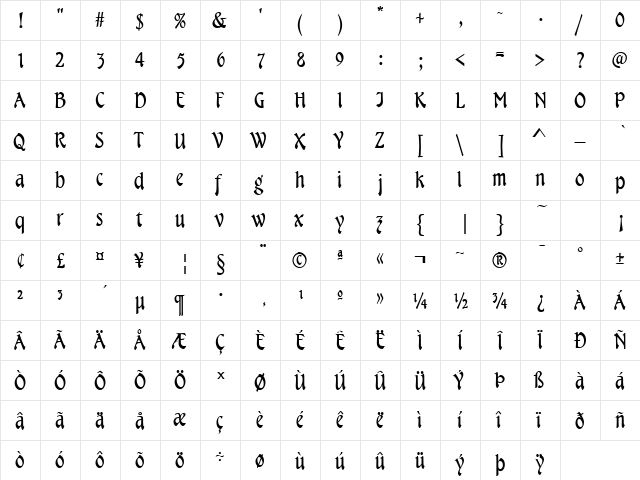 Tamarack Regular  glyph index