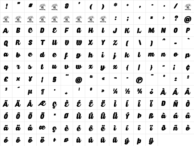 Caprica Script Personal Use Regular  glyph index