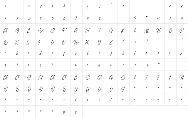 Onebillion Script Regular  glyph index