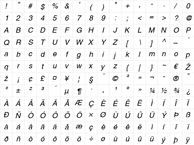 Helvetica LT Italic  glyph index