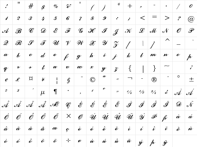 CommercialScript Regular  glyph index
