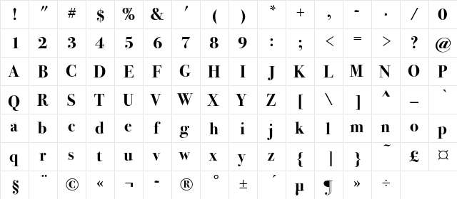 Bodoni72C Bold  glyph index