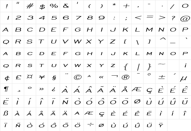Chisel Extended Italic  glyph index