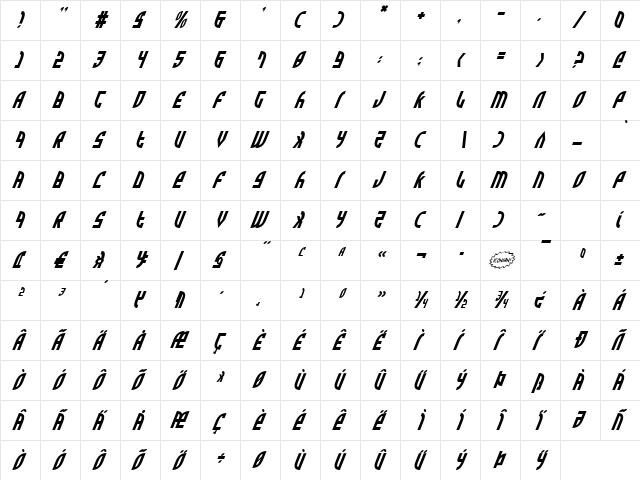 Zone Rider Italic Italic  glyph index