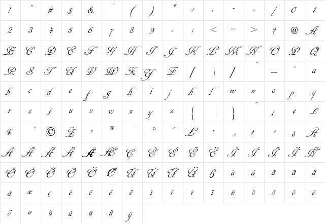 CancellarescaScript Regular  glyph index