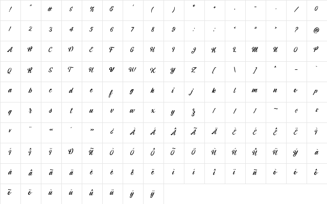 Montagne Script Free Demo Regular  glyph index