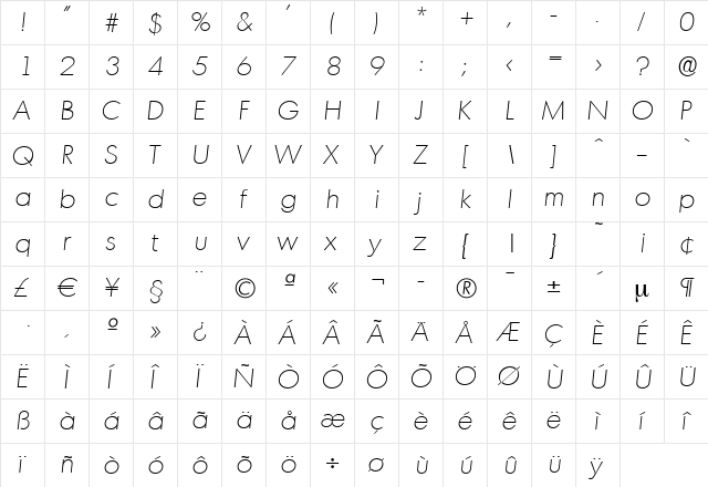 IvanBecker-ExtraLight Italic  glyph index