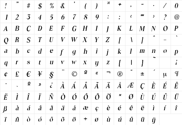 ToledoSerial-Medium Italic  glyph index