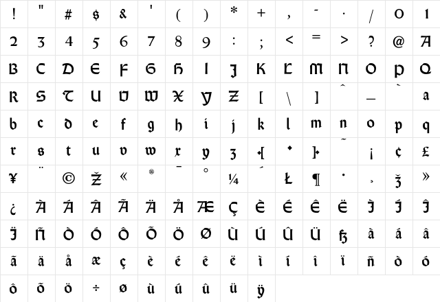 Castlemar Regular  glyph index