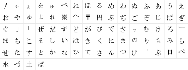 HiraganaBrush Regular  glyph index