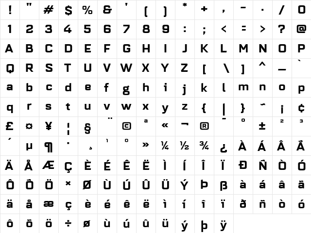 Quarca Ext Bold  glyph index