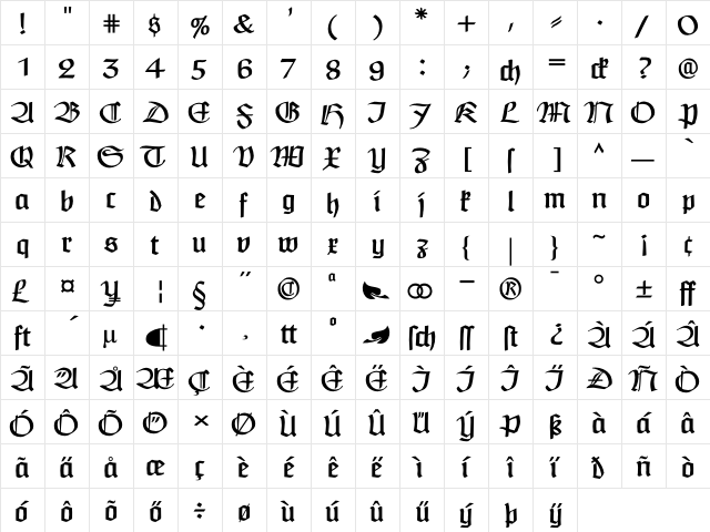 Claudius Alternate Regular  glyph index