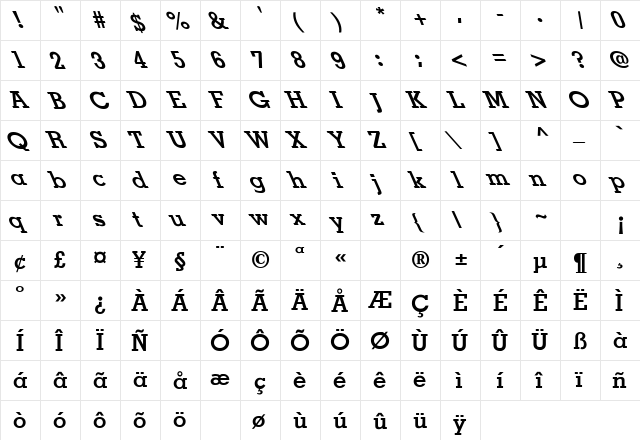 Memphis-Bold Left Regular  glyph index