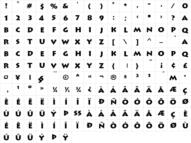 Lithograph Bold  glyph index