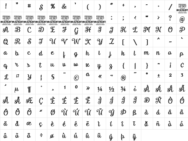 Validity Script Bold PERSONAL U Regular  glyph index